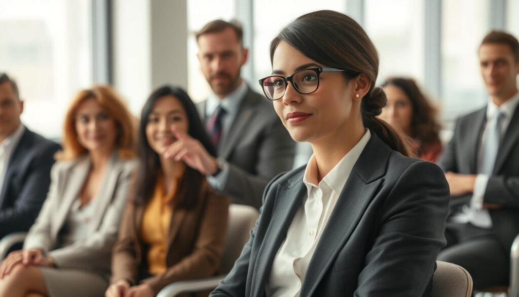 A professional job interview setting, featuring a diverse group of candidates and interviewers. In the foreground, a candidate in a smart business suit is seated, displaying confident body language: leaning slightly forward, with open posture and attentive facial expression. In the middle ground, an interviewer, also in professional attire, is observing closely with a welcoming demeanor, emphasizing their engagement with subtle gestures. The background includes a modern office space with large windows letting in soft, natural light, creating a calm atmosphere. Shot with a Sony A7R IV at 70mm, the focus is clear and sharply defined, using a polarized filter to enhance colors and reduce glare, emphasizing the professionalism and seriousness of the interview environment.