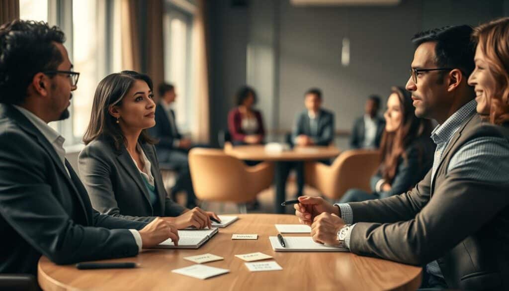 A professional job interview setting, showing a diverse group of candidates engaged in a sensitive discussion. In the foreground, a confident woman in business attire is speaking thoughtfully, while a man listens attentively, nodding in understanding. In the middle, a round table with notepads and pens, symbolizing preparation, alongside subtle visual cues of sensitive topics, like a few sticky notes with keywords, avoiding any explicit labels. The background features blurred silhouettes of interviewers observing from a distance, hinting at the interview's formal nature. The lighting is soft and warm, creating an inviting yet serious atmosphere, captured with a Sony A7R IV at 70mm, employing a polarized filter for clarity. A professional job interview setting, showing a diverse group of candidates engaged in a sensitive discussion. In the foreground, a confident woman in business attire is speaking thoughtfully, while a man listens attentively, nodding in understanding. In the middle, a round table with notepads and pens, symbolizing preparation, alongside subtle visual cues of sensitive topics, like a few sticky notes with keywords, avoiding any explicit labels. The background features blurred silhouettes of interviewers observing from a distance, hinting at the interview's formal nature. The lighting is soft and warm, creating an inviting yet serious atmosphere, captured with a Sony A7R IV at 70mm, employing a polarized filter for clarity.