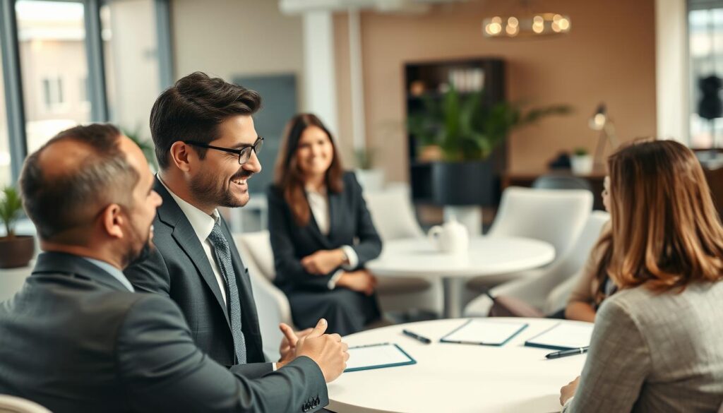 A professional job interview setting with a diverse group of candidates engaged in a light-hearted moment, showcasing appropriate use of humor. In the foreground, a male candidate in a smart suit shares a joke, eliciting smiles from a female interviewer in business attire and another candidate seated nearby. The middle ground features a round table with notepads and pens, symbolizing a collaborative atmosphere. The background includes a well-lit office environment with modern decor and large windows allowing natural light to fill the space, creating an inviting and warm mood. Captured with a Sony A7R IV at 70mm, the image is clearly focused and sharply defined, enhanced by a polarized filter to emphasize the bright and positive environment. A professional job interview setting with a diverse group of candidates engaged in a light-hearted moment, showcasing appropriate use of humor. In the foreground, a male candidate in a smart suit shares a joke, eliciting smiles from a female interviewer in business attire and another candidate seated nearby. The middle ground features a round table with notepads and pens, symbolizing a collaborative atmosphere. The background includes a well-lit office environment with modern decor and large windows allowing natural light to fill the space, creating an inviting and warm mood. Captured with a Sony A7R IV at 70mm, the image is clearly focused and sharply defined, enhanced by a polarized filter to emphasize the bright and positive environment.