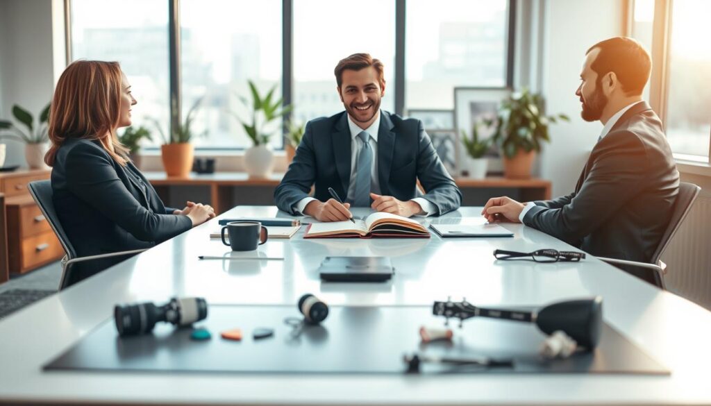 A professional job interview setting with a well-dressed candidate in business attire sitting across a sleek, modern desk from a panel of interviewers. The candidate appears confident, exuding a positive aura while showcasing a few hobby-related items on the desk, such as a small sketchbook, a guitar pick, and fitness gear, subtly signifying diverse interests. The background features soft-focus office decor, like plants and framed art, creating a polished atmosphere. Bright, natural lighting filters through large windows, casting a warm glow that enhances the professional yet approachable mood. The image should be captured with a Sony A7R IV 70mm lens, ensuring sharp details and clarity, conveying a strong first impression in a success-oriented context. A professional job interview setting with a well-dressed candidate in business attire sitting across a sleek, modern desk from a panel of interviewers. The candidate appears confident, exuding a positive aura while showcasing a few hobby-related items on the desk, such as a small sketchbook, a guitar pick, and fitness gear, subtly signifying diverse interests. The background features soft-focus office decor, like plants and framed art, creating a polished atmosphere. Bright, natural lighting filters through large windows, casting a warm glow that enhances the professional yet approachable mood. The image should be captured with a Sony A7R IV 70mm lens, ensuring sharp details and clarity, conveying a strong first impression in a success-oriented context.