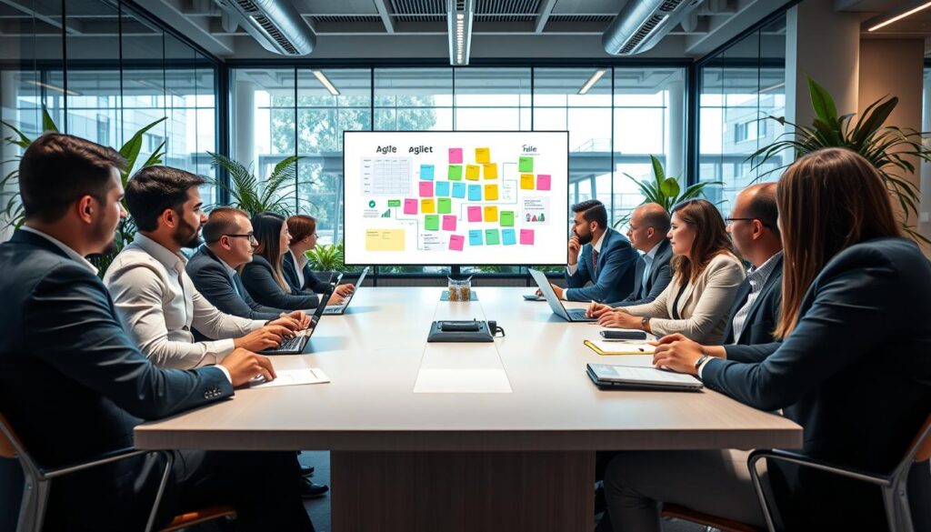 A professional kick-off meeting for agile projects, featuring a diverse group of business professionals gathered around a sleek conference table. In the foreground, individuals in business attire engage in discussion, some taking notes on laptops or tablets. In the middle, a large display screen shows agile project management visuals and colorful sticky notes, symbolizing collaboration. The background is a modern office space with glass walls, vibrant indoor plants, and natural light streaming in, creating a welcoming atmosphere. The image is shot with a Sony A7R IV at 70mm, clearly focused, sharply defined, and enhanced with a polarized filter to enrich colors and contrast. The mood is dynamic and collaborative, emphasizing teamwork and innovation. A professional kick-off meeting for agile projects, featuring a diverse group of business professionals gathered around a sleek conference table. In the foreground, individuals in business attire engage in discussion, some taking notes on laptops or tablets. In the middle, a large display screen shows agile project management visuals and colorful sticky notes, symbolizing collaboration. The background is a modern office space with glass walls, vibrant indoor plants, and natural light streaming in, creating a welcoming atmosphere. The image is shot with a Sony A7R IV at 70mm, clearly focused, sharply defined, and enhanced with a polarized filter to enrich colors and contrast. The mood is dynamic and collaborative, emphasizing teamwork and innovation.