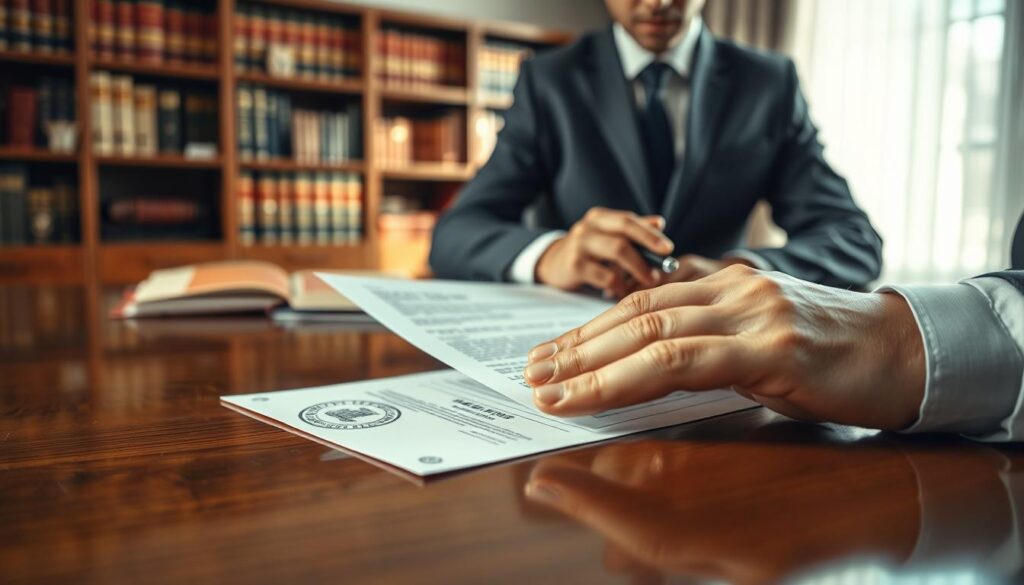 A professional lawyer in a modern office setting, dressed in formal business attire, looks intently at a legal document on a polished wooden desk. In the foreground, a close-up of the lawyer's hands holding a pen, emphasizing the seriousness of the situation. In the middle ground, the document is partially visible, adorned with official stamps and a watermark, symbolizing an injunction. The background features a blurred bookshelf filled with law books, conveying a scholarly atmosphere. Soft, natural lighting streams through a window, creating a calm yet tense mood. Shot on a Sony A7R IV at 70mm, clearly focused and sharply defined, using a polarized filter to enhance the clarity and detail of the scene.