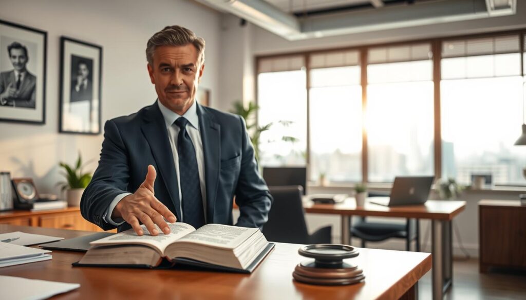 A professional lawyer’s office scene focused on labor law consultation. In the foreground, a confident lawyer in a tailored navy suit gestures toward a large legal book on the table, emphasizing the importance of legal advice. The middle background features a sleek wooden desk cluttered with documents, a laptop, and a potted plant, creating a vibrant and inviting atmosphere. In the far background, a large window lets in natural light, casting gentle shadows and illuminating the room with a warm glow, while a cityscape can be faintly seen outside, suggesting a bustling legal environment. The image should evoke a sense of trust and professionalism, captured with a Sony A7R IV at 70mm, sharply focused, using a polarized filter for clarity and definition.