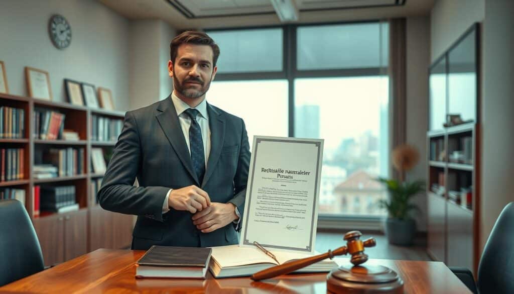 A professional male lawyer, dressed in a tailored business suit, stands confidently in a sophisticated office environment. He holds a document symbolizing legal rights, representing "Rechtsfähigkeit natürlicher Personen." In the foreground, a wooden desk is adorned with legal books and a gavel, emphasizing the legal context. The middle ground features a large window with cityscape views, allowing natural light to flood the room, creating a bright and inviting atmosphere. In the background, a bookshelf filled with law literature and certificates adds depth. The image is sharply defined and clearly focused, shot on a Sony A7R IV with a 70mm lens and a polarized filter, highlighting the professional mood of the scene. A professional male lawyer, dressed in a tailored business suit, stands confidently in a sophisticated office environment. He holds a document symbolizing legal rights, representing "Rechtsfähigkeit natürlicher Personen." In the foreground, a wooden desk is adorned with legal books and a gavel, emphasizing the legal context. The middle ground features a large window with cityscape views, allowing natural light to flood the room, creating a bright and inviting atmosphere. In the background, a bookshelf filled with law literature and certificates adds depth. The image is sharply defined and clearly focused, shot on a Sony A7R IV with a 70mm lens and a polarized filter, highlighting the professional mood of the scene.