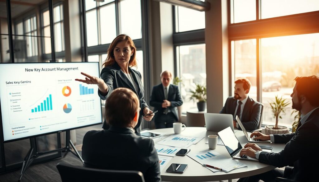 A professional meeting scene depicting a diverse group of businesspeople engaged in a discussion about Key Account Management. In the foreground, a confident woman in a tailored blazer gestures towards a digital presentation on a sleek screen, while a thoughtful man in a suit takes notes. In the middle, a round table scattered with charts, graphs, and laptops displays data related to sales growth and key account strategies. The background showcases a modern office with floor-to-ceiling windows, allowing natural light to flood the room and cast soft shadows. The overall atmosphere is one of collaboration and strategic planning, shot with a Sony A7R IV at 70mm for clear focus and detail, enhanced with a polarized filter for vibrant colors and defined edges.