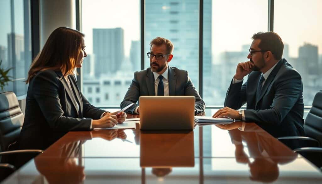 A professional meeting scene depicting the management and representation in a limited partnership (KG). In the foreground, a diverse group of three business professionals in tailored suits—one woman and two men—are engaged in discussion, with documents and a laptop on a polished conference table. The middle ground features a large window with natural light spilling in, casting soft reflections on the table. In the background, a modern office with sleek furniture and a city skyline visible through the glass. The mood is collaborative and focused, conveying a sense of partnership and strategy. Shot with a Sony A7R IV at 70mm, clearly focused, with sharp definitions and a polarized filter enhancing color and contrast.