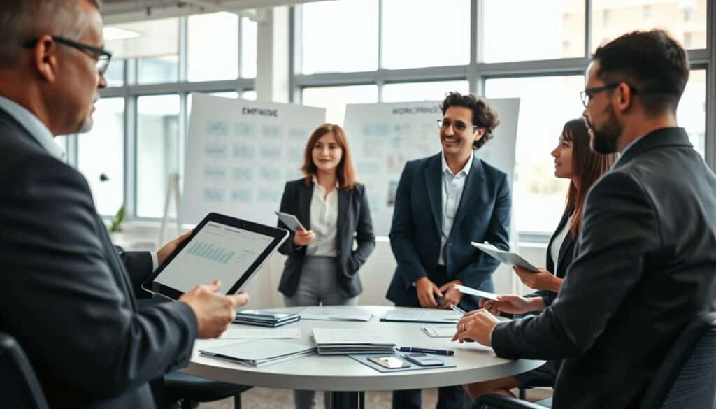 A professional meeting setting in an office, featuring a diverse group of employees engaged in a discussion about workplace monitoring. In the foreground, a middle-aged man in a suit points at a digital chart on a tablet, while a young woman in business casual attire takes notes. In the middle ground, a round table is cluttered with papers, and a large whiteboard displays flowcharts related to employee oversight. The background showcases a bright office environment with large windows allowing natural light to flood the space, creating a positive and collaborative atmosphere. Shot on a Sony A7R IV at 70mm, the image is sharply defined with a polarized filter enhancing clarity and color fidelity. The mood is focused and professional, emphasizing the importance of oversight and communication in the workplace.