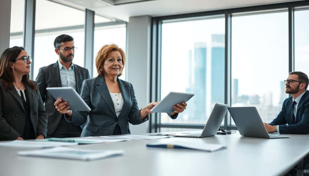 A professional meeting taking place within a bright, modern office space, showcasing a diverse group of individuals engaged in collaboration on political topics. In the foreground, a middle-aged woman in a tailored suit gestures passionately as she presents data on a tablet, while two men, one in glasses and the other with a clean-cut look, attentively listen. The middle ground features a large conference table with documents and laptops spread out. In the background, large windows bathe the scene in natural light, offering a view of a city skyline, symbolizing the connection between political institutions and industry. The image conveys a mood of positivity, teamwork, and professional engagement, shot on a Sony A7R IV with a 70mm lens, clearly focused, sharply defined, using a polarized filter for enhanced clarity.