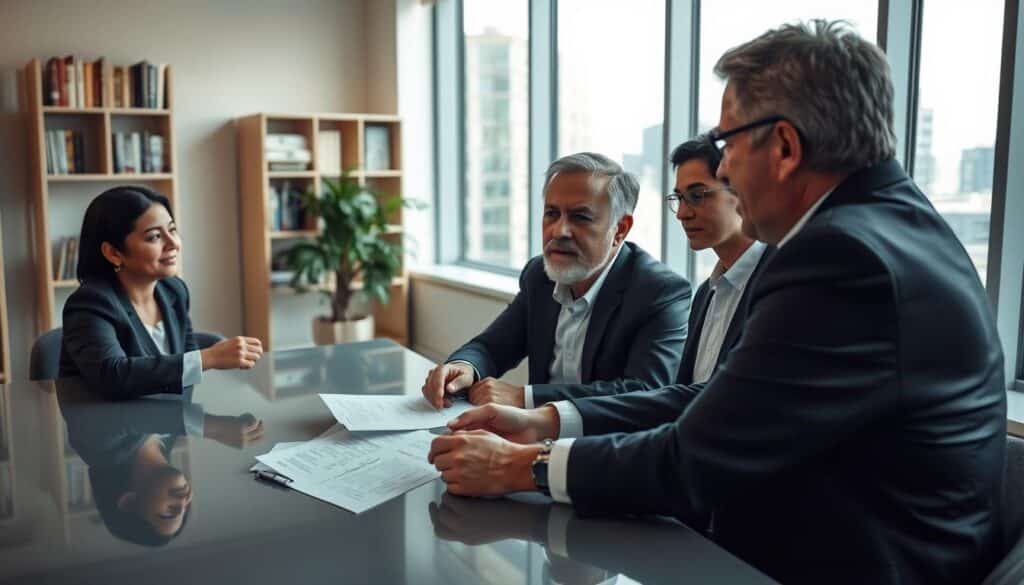 A professional mentoring and coaching scene inside a modern, well-lit office. In the foreground, a diverse group of individuals in business attire, engaged in an intense discussion, seated around a sleek conference table. One mentor, an older man with gray hair, is pointing at a notepad filled with strategic ideas, while a young woman takes notes, her expression focused and eager. In the middle, a large window lets in natural light, revealing a cityscape outside, adding depth to the atmosphere. In the background, a bookshelf filled with motivational books and a potted plant enhance the sense of personal growth. The scene is shot with a Sony A7R IV at 70mm, using a polarized filter to create sharp definitions and vibrant colors, conveying a mood of collaboration and empowerment. A professional mentoring and coaching scene inside a modern, well-lit office. In the foreground, a diverse group of individuals in business attire, engaged in an intense discussion, seated around a sleek conference table. One mentor, an older man with gray hair, is pointing at a notepad filled with strategic ideas, while a young woman takes notes, her expression focused and eager. In the middle, a large window lets in natural light, revealing a cityscape outside, adding depth to the atmosphere. In the background, a bookshelf filled with motivational books and a potted plant enhance the sense of personal growth. The scene is shot with a Sony A7R IV at 70mm, using a polarized filter to create sharp definitions and vibrant colors, conveying a mood of collaboration and empowerment.