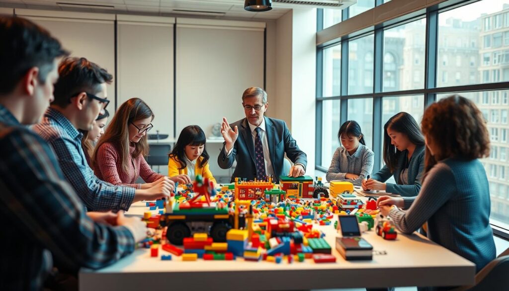 A professional moderator facilitating a Lego Serious Play session, surrounded by diverse participants actively engaging with colorful Lego bricks on a large, illuminated table. The moderator, dressed in business attire, confidently guides the group, showcasing leadership and enthusiasm. In the middle ground, participants express creativity and collaboration as they build intricate models, while the background features a modern, bright office space with large windows, allowing natural light to flood in. The scene is captured with a Sony A7R IV at 70mm, offering a sharp focus on the moderator and participants, enhanced by a polarized filter to accentuate the vibrant colors of the Legos. The overall mood is inspiring and dynamic, reflecting innovation and teamwork in a creative environment.