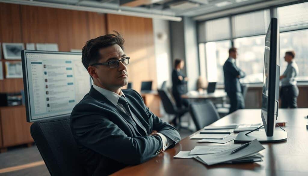 A professional office environment captures a subdued atmosphere, reflecting feelings of disengagement and apathy. In the foreground, a figure in smart business attire sits at a desk, slumped slightly, staring blankly at a computer screen filled with notifications, showcasing signs of inner resignation. Their expression is one of weariness and detachment, with papers strewn carelessly around, representing disinterest. The middle ground shows blurred colleagues in the background engaged in conversations, with their body language exuding enthusiasm, creating a stark contrast to the main subject. Soft, natural light filters through the large windows, casting gentle shadows, enhancing the feeling of isolation. The image is shot with a Sony A7R IV at 70mm, with a polarized filter ensuring clear focus and sharp definition, portraying a mood of quiet desperation and reflection. A professional office environment captures a subdued atmosphere, reflecting feelings of disengagement and apathy. In the foreground, a figure in smart business attire sits at a desk, slumped slightly, staring blankly at a computer screen filled with notifications, showcasing signs of inner resignation. Their expression is one of weariness and detachment, with papers strewn carelessly around, representing disinterest. The middle ground shows blurred colleagues in the background engaged in conversations, with their body language exuding enthusiasm, creating a stark contrast to the main subject. Soft, natural light filters through the large windows, casting gentle shadows, enhancing the feeling of isolation. The image is shot with a Sony A7R IV at 70mm, with a polarized filter ensuring clear focus and sharp definition, portraying a mood of quiet desperation and reflection.