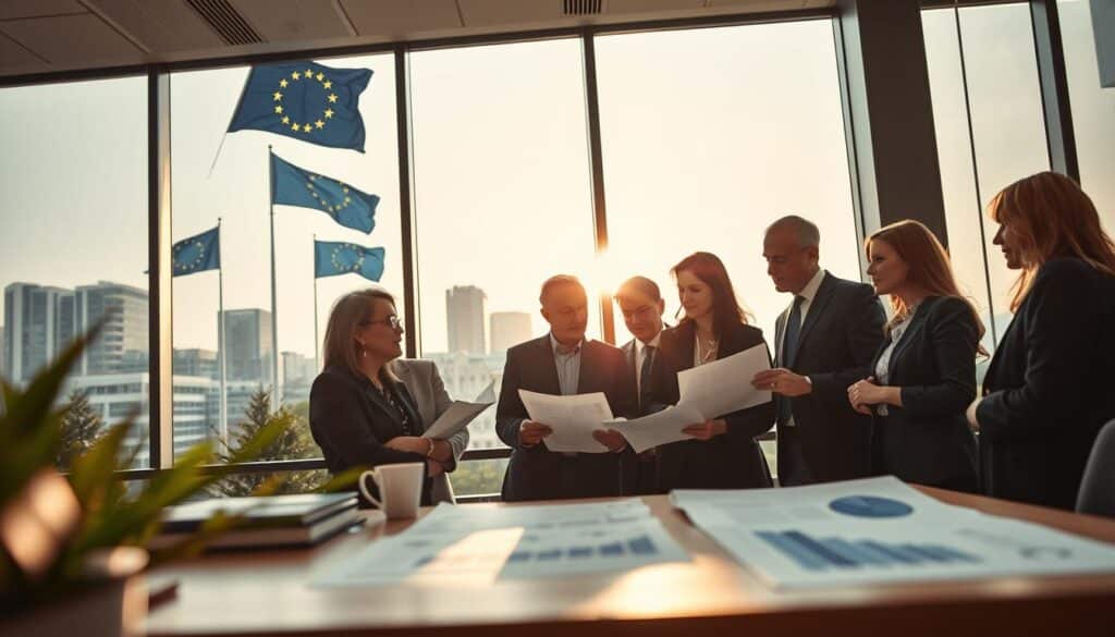 A professional office environment depicting "steuerfreie Lieferung" in the context of the EU single market. In the foreground, a group of diverse business professionals in formal attire engaging in a discussion, reviewing documents and charts that illustrate trade agreements. The middle layer features a large window with natural light streaming in, casting soft shadows, enhancing the focus on the people and documents. The background showcases a modern cityscape with EU flags waving, symbolizing unity and commerce. The composition is shot on a Sony A7R IV at 70mm, with a clear focus on the subjects, a sharply defined foreground, and a softly blurred background using a polarized filter. The mood is professional and collaborative, emphasizing the importance of intra-community delivery regulations in a vibrant business atmosphere.