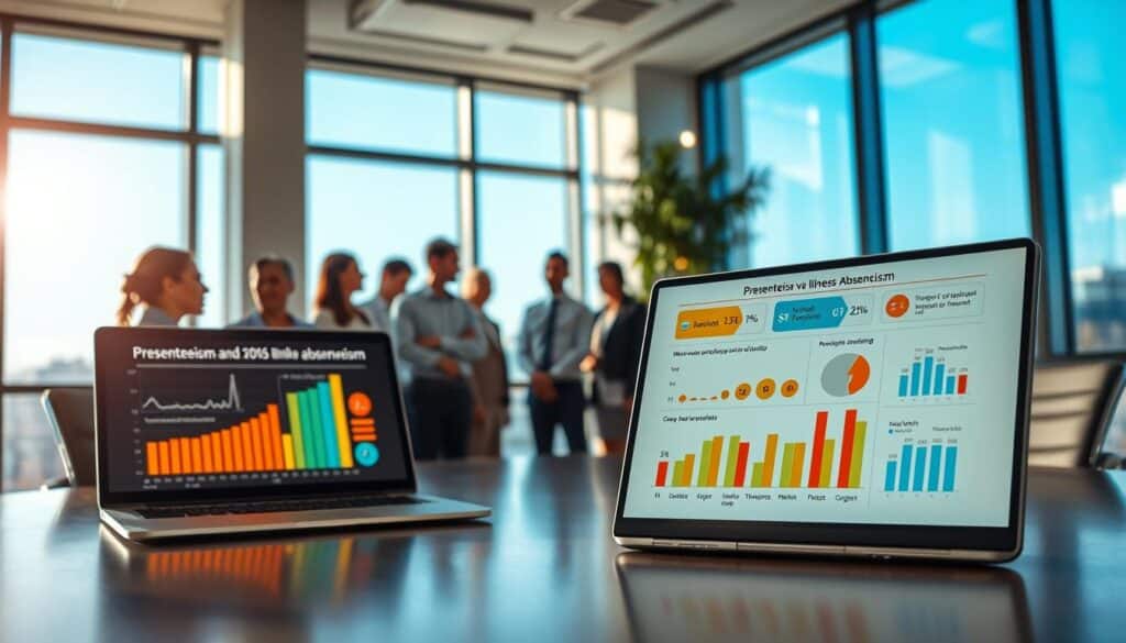 A professional office environment depicting the statistics of presenteeism and illness absenteeism. In the foreground, a sleek conference table with a laptop displaying vibrant graphs and charts related to health statistics. In the middle ground, a diverse group of professionals, dressed in business attire, are engaged in discussion, analyzing the data presented on the screen. The background shows a modern office setting with large windows allowing natural light to pour in, creating an inviting atmosphere. A clear blue sky can be seen outside, enhancing the brightness of the scene. The image is captured with a Sony A7R IV at 70mm, ensuring all elements are sharply defined and in focus, with a polarized filter to reduce glare and enhance colors, conveying a serious yet optimistic mood about workplace health. A professional office environment depicting the statistics of presenteeism and illness absenteeism. In the foreground, a sleek conference table with a laptop displaying vibrant graphs and charts related to health statistics. In the middle ground, a diverse group of professionals, dressed in business attire, are engaged in discussion, analyzing the data presented on the screen. The background shows a modern office setting with large windows allowing natural light to pour in, creating an inviting atmosphere. A clear blue sky can be seen outside, enhancing the brightness of the scene. The image is captured with a Sony A7R IV at 70mm, ensuring all elements are sharply defined and in focus, with a polarized filter to reduce glare and enhance colors, conveying a serious yet optimistic mood about workplace health.