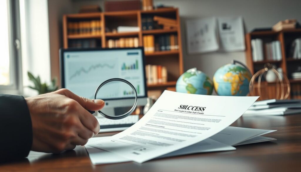 A professional office environment featuring a businessperson analyzing financial documents with a Standby Letter of Credit prominently displayed on the desk. In the foreground, focus on the person's hands, wearing a tailored suit, holding a magnifying glass over the document, highlighting the significance of details in risk assessment. In the middle ground, a computer screen shows graphs and charts related to international trade, symbolizing the financial implications of SBLCs. The background includes shelves filled with financial textbooks and a globe, suggesting a global perspective on commerce. Soft, natural lighting from a nearby window enhances clarity, casting gentle shadows. Capture this scene with a Sony A7R IV at 70mm, ensuring sharp focus and detail, using a polarized filter to reduce glare and enrich colors, creating a professional, serious atmosphere.