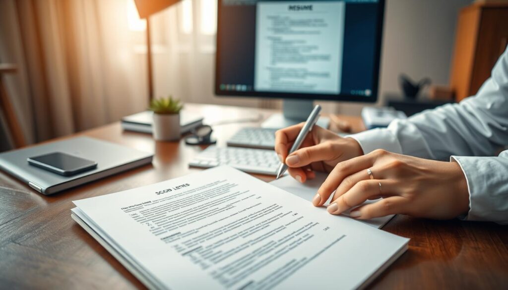 A professional office environment, featuring a close-up of a well-organized desk with a neatly arranged cover letter and a notebook opened to a page filled with strengths and skills. In the foreground, a pair of hands in a crisp white shirt is seen writing notes with a pen. The middle ground includes a computer displaying a structured resume, highlighting key strengths in a bulleted format. The background shows a softly blurred window with natural light coming in, creating a warm and inviting atmosphere. The image is shot with a Sony A7R IV at 70mm, clearly focused and sharply defined, using a polarized filter to enhance the colors of the workspace. The overall mood is professional and inspiring, evoking a sense of readiness for job applications.