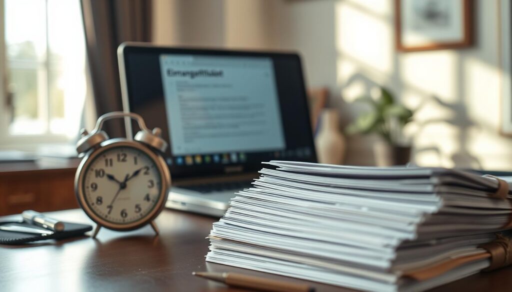A professional office environment featuring a close-up scene of an elegant desk. In the foreground, a neatly organized stack of job applications with a visible clock on the desk, indicating the passage of time. The middle ground includes a laptop displaying an email interface where a notification reads "Eingangsbestätigung." The background shows a softly blurred office window with natural light streaming in, casting gentle shadows. The atmosphere is focused and calm, evoking a sense of anticipation and professionalism. The image is shot with a Sony A7R IV at 70mm, ensuring sharp definition and clarity, enhanced by a polarized filter to enrich colors and contrast. A professional office environment featuring a close-up scene of an elegant desk. In the foreground, a neatly organized stack of job applications with a visible clock on the desk, indicating the passage of time. The middle ground includes a laptop displaying an email interface where a notification reads "Eingangsbestätigung." The background shows a softly blurred office window with natural light streaming in, casting gentle shadows. The atmosphere is focused and calm, evoking a sense of anticipation and professionalism. The image is shot with a Sony A7R IV at 70mm, ensuring sharp definition and clarity, enhanced by a polarized filter to enrich colors and contrast.