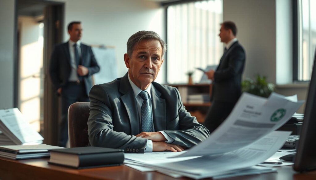A professional office environment featuring a concerned employee in business attire, sitting at a desk cluttered with medical paperwork and termination documents. The employee, a middle-aged individual with a pensive expression, is surrounded by soft natural light filtering through a window, creating a thinking atmosphere. In the background, a blurred silhouette of a human resources representative can be seen, discussing with a manager, both dressed in business formal attire. The composition is captured with a Sony A7R IV at 70mm, showcasing sharp detail and clarity, emphasizing the gravity of the situation. The overall mood conveys tension and contemplation regarding health-related job termination issues, set against a clean, organized workspace.