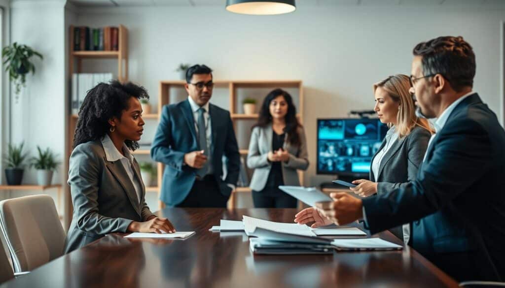 A professional office environment featuring a diverse group of colleagues engaging in a productive conversation around a conference table. In the foreground, two individuals, a Black woman and a Hispanic man, are attentively discussing documents, both dressed in smart business attire. In the middle ground, another colleague stands, presenting ideas on a digital screen, while a Caucasian woman takes notes. The background includes shelves with books and plants, enhancing the professional atmosphere. The lighting is bright and focused, suggesting a dynamic work setting, while soft shadows add depth. The image captures a mood of collaboration and professionalism, emphasizing effective workplace interaction. Shot on a Sony A7R IV at 70mm, clearly focused and sharply defined, using a polarizing filter to enhance colors. A professional office environment featuring a diverse group of colleagues engaging in a productive conversation around a conference table. In the foreground, two individuals, a Black woman and a Hispanic man, are attentively discussing documents, both dressed in smart business attire. In the middle ground, another colleague stands, presenting ideas on a digital screen, while a Caucasian woman takes notes. The background includes shelves with books and plants, enhancing the professional atmosphere. The lighting is bright and focused, suggesting a dynamic work setting, while soft shadows add depth. The image captures a mood of collaboration and professionalism, emphasizing effective workplace interaction. Shot on a Sony A7R IV at 70mm, clearly focused and sharply defined, using a polarizing filter to enhance colors.