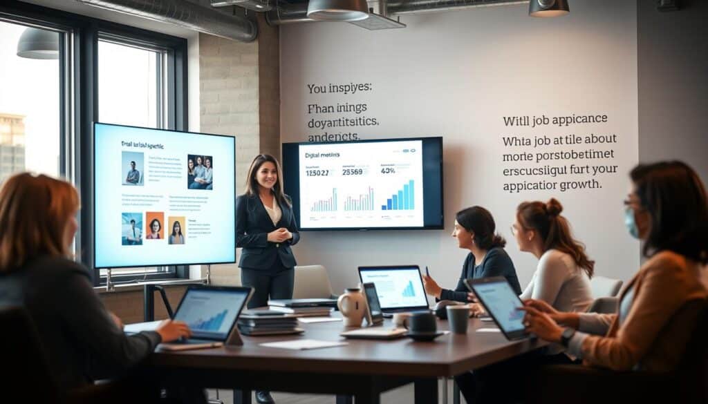 A professional office environment featuring a diverse group of individuals engaged in a digital meeting. In the foreground, a confident woman in smart business attire is presenting on a large screen, showcasing a vibrant digital portfolio that highlights her skills and achievements. In the middle, colleagues are interacting with laptops and tablets, displaying graphs and social media metrics related to job applications. The background features an inspiring wall with motivational quotes about digital presence and professional growth. The scene is illuminated by soft, natural lighting filtering through large windows, creating a productive atmosphere. Shot on a Sony A7R IV at 70mm, the image captures sharp details and vibrant colors, conveying a sense of professionalism and focus. A professional office environment featuring a diverse group of individuals engaged in a digital meeting. In the foreground, a confident woman in smart business attire is presenting on a large screen, showcasing a vibrant digital portfolio that highlights her skills and achievements. In the middle, colleagues are interacting with laptops and tablets, displaying graphs and social media metrics related to job applications. The background features an inspiring wall with motivational quotes about digital presence and professional growth. The scene is illuminated by soft, natural lighting filtering through large windows, creating a productive atmosphere. Shot on a Sony A7R IV at 70mm, the image captures sharp details and vibrant colors, conveying a sense of professionalism and focus.