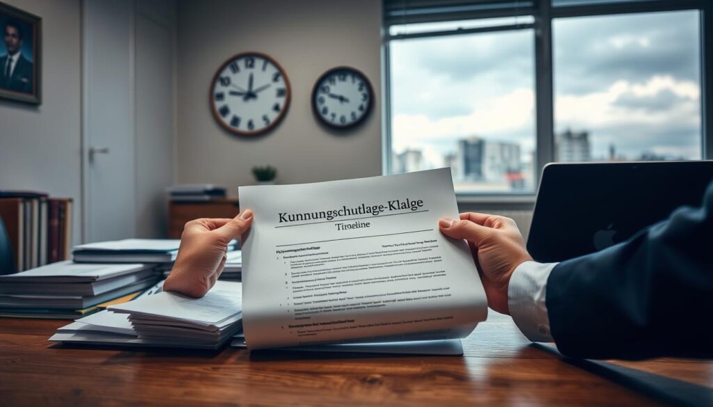 A professional office environment, featuring a wooden desk cluttered with legal documents and a laptop, symbolizing the theme of a Kündigungsschutzklage. In the foreground, a pair of hands, dressed in business attire, reviews a document titled "Kündigungsschutzklage Timeline." The middle ground includes a wall-mounted clock showing an impending deadline. In the background, a softly lit window reveals a cityscape with buildings under a cloudy sky, creating a sense of urgency. The scene is captured with the precision of a Sony A7R IV at 70mm, ensuring sharp focus and defined details, using a polarized filter to enhance colors and textures while maintaining a serious, contemplative mood.