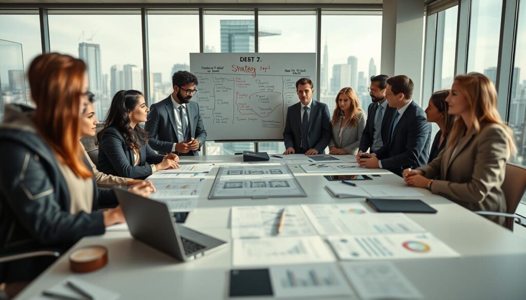 A professional office environment focusing on effective debt management to prevent expiration of claims. In the foreground, a diverse group of business professionals, dressed in polished business attire, engage in a discussion around a large table covered with documents, charts, and a laptop. The middle ground features a whiteboard filled with strategy notes and timelines highlighting important deadlines and processes. In the background, a modern office skyline is visible through large windows, allowing natural light to pour in, creating a bright and motivating atmosphere. The image should be captured with a Sony A7R IV at 70mm, ensuring sharp clarity and defined details, enhanced by a polarized filter for optimal color saturation. The overall mood should be focused and professional, emphasizing collaboration and proactive management.