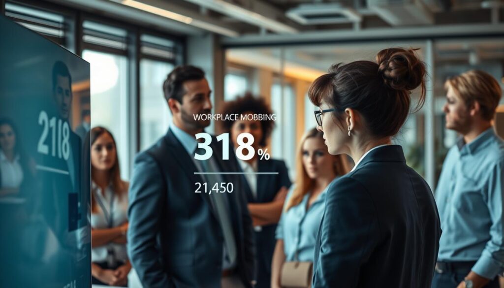 A professional office environment in Germany featuring a group of diverse employees engaged in a discussion, with one person appearing concerned, looking at the statistics displayed on a clear digital screen showing workplace mobbing statistics. The foreground includes the concerned employee in professional attire, while in the middle ground, colleagues are thoughtfully observing the data. The background showcases modern office decor with soft, ambient lighting coming from large windows. The image is shot with a Sony A7R IV at 70mm, delivering a sharply defined focus on the human expressions and the statistics screen. The atmosphere conveys a sense of tension and contemplation regarding workplace dynamics, emphasizing the prevalence of mobbing without overt drama.
