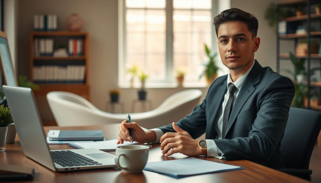 A professional office environment showcasing a carefully arranged desk with a laptop, documents, and a cup of coffee. In the foreground, a poised individual dressed in professional business attire is seated, showing a confident yet calm demeanor. Their hands are thoughtfully resting on the desk, signaling readiness for discussion. In the middle ground, a window allows natural light to filter through, casting soft shadows across the workspace, enhancing the mood of professionalism and focus. In the background, a modern office space with shelves of books and plants adds depth to the scene. The image is shot with a Sony A7R IV at 70mm, ensuring clarity and sharp definition, complemented by a polarized filter to enhance colors and reduce glare. The overall atmosphere conveys professionalism and composure during a transition period.
