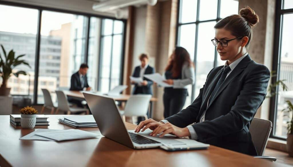 A professional office environment showcasing a diverse team of business professionals engaged in various administrative tasks. In the foreground, a woman in a smart business suit types on a laptop, while a man in a tailored shirt organizes paperwork on the table beside her. The middle ground features a collaborative space where two colleagues discuss financial documents and spreadsheets, emphasizing teamwork. The background illustrates a modern office with large windows allowing soft, natural light to flood the room, casting gentle shadows. This scene is captured with precision on a Sony A7R IV at 70mm, using a polarized filter to enhance color vibrancy and detail. The overall mood conveys professionalism, collaboration, and efficiency, perfect for illustrating the diverse responsibilities of commercial employees. A professional office environment showcasing a diverse team of business professionals engaged in various administrative tasks. In the foreground, a woman in a smart business suit types on a laptop, while a man in a tailored shirt organizes paperwork on the table beside her. The middle ground features a collaborative space where two colleagues discuss financial documents and spreadsheets, emphasizing teamwork. The background illustrates a modern office with large windows allowing soft, natural light to flood the room, casting gentle shadows. This scene is captured with precision on a Sony A7R IV at 70mm, using a polarized filter to enhance color vibrancy and detail. The overall mood conveys professionalism, collaboration, and efficiency, perfect for illustrating the diverse responsibilities of commercial employees.