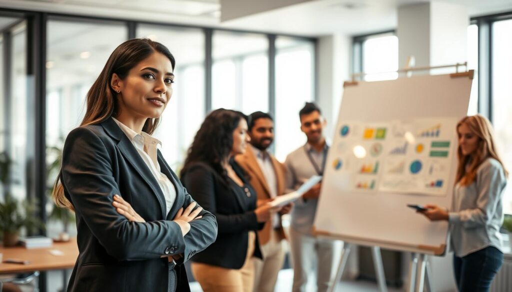 A professional office environment showcasing a group of diverse individuals engaged in a collaborative brainstorming session. In the foreground, a confident woman in business attire presents ideas on a large whiteboard filled with colorful charts and diagrams. In the middle ground, attentive colleagues of varying ethnicities and genders take notes and discuss strategies, displaying expressions of focus and engagement. The background features a modern, well-lit office with large windows allowing natural light to illuminate the space. A subtle depth of field adds emphasis to the group while maintaining a clear and defined look. The mood is productive and inspiring, emphasizing teamwork and knowledge sharing. Shot on a Sony A7R IV at 70mm, with a polarized filter for clarity.