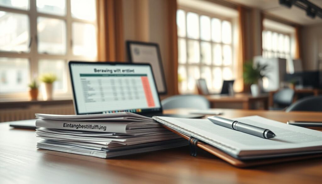 A professional office environment showcasing a well-organized desk. In the foreground, a neatly stacked pile of documents labeled "Eingangsbestätigung" along with a pen and a stylish notebook. In the middle ground, an open laptop displays a spreadsheet with the phrase "Bewerbung wird geprüft." The background reveals a warm, inviting office with large windows that allow natural light to pour in, casting soft shadows across the desk. The mood is focused and productive, emphasizing clarity and organization. The image is clearly defined and sharply detailed, featuring a composition as if shot on a Sony A7R IV with a 70mm lens, utilizing a polarized filter for enhanced colors and contrast. A professional office environment showcasing a well-organized desk. In the foreground, a neatly stacked pile of documents labeled "Eingangsbestätigung" along with a pen and a stylish notebook. In the middle ground, an open laptop displays a spreadsheet with the phrase "Bewerbung wird geprüft." The background reveals a warm, inviting office with large windows that allow natural light to pour in, casting soft shadows across the desk. The mood is focused and productive, emphasizing clarity and organization. The image is clearly defined and sharply detailed, featuring a composition as if shot on a Sony A7R IV with a 70mm lens, utilizing a polarized filter for enhanced colors and contrast.