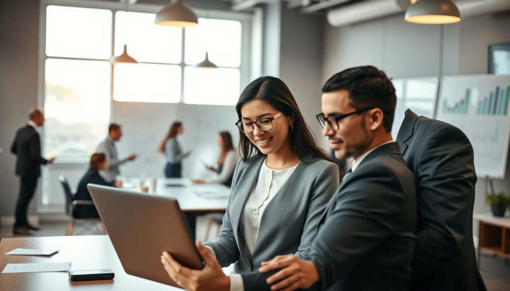 A professional office environment showcasing diverse employees engaged in teamwork and collaboration. In the foreground, a focused Asian woman and a Middle-Eastern man discuss strategies while looking at a laptop filled with data charts and graphs, both dressed in smart business attire. The middle ground features a bright conference room with a large table, where additional professionals of varying ethnicities conduct a brainstorming session, surrounded by whiteboards filled with notes and diagrams. In the background, large windows allow natural light to flood the room, creating a warm and welcoming atmosphere. The scene is shot using a Sony A7R IV at 70mm, ensuring a clearly focused and sharply defined image with a polarized filter to enhance colors and contrast. The mood is collaborative, optimistic, and professional. A professional office environment showcasing diverse employees engaged in teamwork and collaboration. In the foreground, a focused Asian woman and a Middle-Eastern man discuss strategies while looking at a laptop filled with data charts and graphs, both dressed in smart business attire. The middle ground features a bright conference room with a large table, where additional professionals of varying ethnicities conduct a brainstorming session, surrounded by whiteboards filled with notes and diagrams. In the background, large windows allow natural light to flood the room, creating a warm and welcoming atmosphere. The scene is shot using a Sony A7R IV at 70mm, ensuring a clearly focused and sharply defined image with a polarized filter to enhance colors and contrast. The mood is collaborative, optimistic, and professional.
