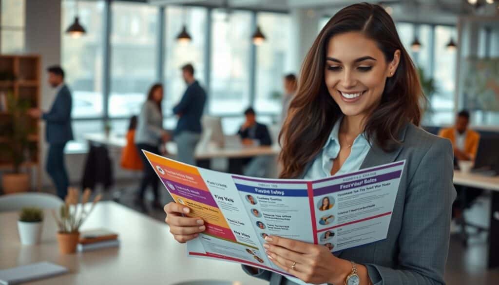 A professional office environment showcasing diverse job opportunities, with a focus on flexibility in job offers. In the foreground, a confident woman in smart casual attire reviews a colorful flyer with job listings featuring remote and flexible work options. The middle ground includes a modern co-working space, with individuals collaborating and discussing job roles, highlighting diversity in age and ethnicity. In the background, large windows let in soft, natural light, creating a bright and welcoming atmosphere. The scene is captured with a Sony A7R IV at 70mm, ensuring clear focus and sharp details. The mood is optimistic and inspiring, emphasizing adaptability in the job market.