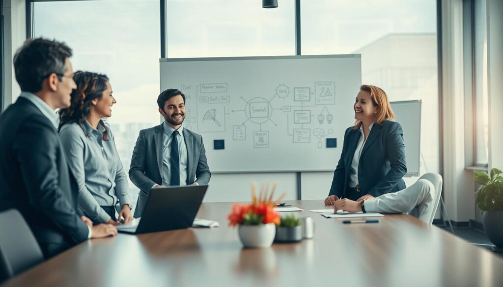 A professional office environment showcasing effective communication among colleagues. In the foreground, a diverse group of three employees—two men and one woman—are engaged in a lively discussion around a modern conference table, all dressed in smart business attire. The middle ground features a well-organized office space with a large whiteboard displaying brainstorming notes and diagrams, symbolizing collaboration and idea exchange. In the background, bright, natural light streams through large windows, creating an inviting atmosphere. The image should capture a warm, positive mood that highlights teamwork and respect, shot with a Sony A7R IV 70mm lens using a polarized filter, ensuring sharp focus and clarity. A professional office environment showcasing effective communication among colleagues. In the foreground, a diverse group of three employees—two men and one woman—are engaged in a lively discussion around a modern conference table, all dressed in smart business attire. The middle ground features a well-organized office space with a large whiteboard displaying brainstorming notes and diagrams, symbolizing collaboration and idea exchange. In the background, bright, natural light streams through large windows, creating an inviting atmosphere. The image should capture a warm, positive mood that highlights teamwork and respect, shot with a Sony A7R IV 70mm lens using a polarized filter, ensuring sharp focus and clarity.