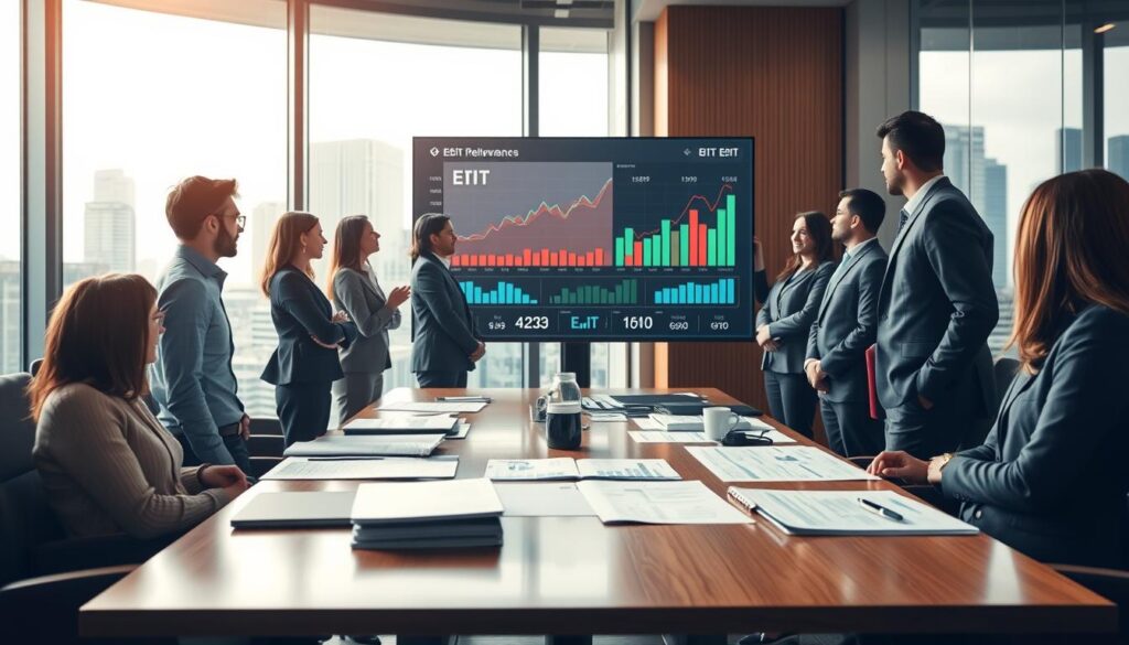 A professional office environment showcasing the concept of EBIT relevance in business analysis. In the foreground, a diverse group of professionals, dressed in business attire, engages in a discussion around a large screen displaying financial graphs and EBIT metrics. In the middle ground, various documents and financial reports are laid out on a modern conference table, emphasizing the practical application of EBIT analysis. The background features a large window with city skyline views, bathing the scene in natural daylight. The atmosphere is focused and collaborative, highlighting the importance of EBIT in corporate decision-making. Shot on a Sony A7R IV 70mm lens, the image is clearly focused and sharply defined, with a polished filter enhancing colors and clarity.