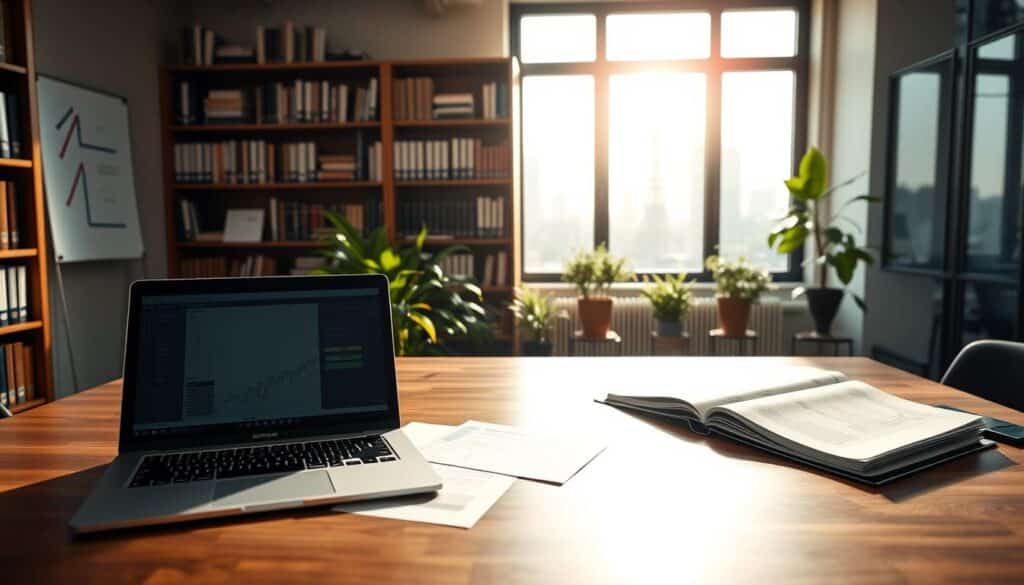 A professional office environment showcasing the financial aspects of a European Company (SE). In the foreground, a modern wooden desk features an open laptop displaying financial spreadsheets, alongside documents meticulously organized in a financial binder. The middle ground exhibits a large window with bright natural light flooding the room, illuminating green indoor plants and providing a glimpse of a bustling city skyline. In the background, tall bookshelves filled with accounting textbooks and reports enhance the academic feel. The scene is shot with a Sony A7R IV at 70mm, ensuring clear focus and sharp definition, with a polarized filter emphasizing vivid colors. The mood is serious and professional, ideal for an article on financial reporting and tax treatment of SEs.