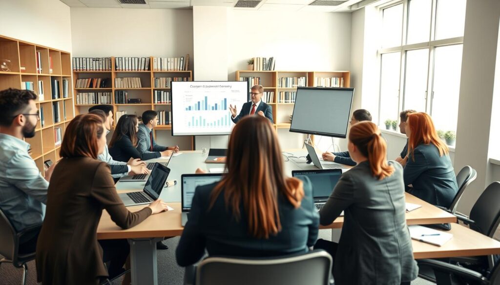 A professional office environment showcasing training for kaufmännische Berufe (commercial professions) in Germany. In the foreground, a diverse group of young adults engaged in a dynamic training session, each wearing smart business attire, sitting around a large table equipped with laptops and paperwork. In the middle, a trainer guiding a presentation on career opportunities, with charts and graphs displayed on a screen. The background features bookshelves filled with business literature and a large window letting in natural light, creating a bright atmosphere. The composition is shot with a Sony A7R IV at 70mm, clearly focused and sharply defined, with a polarized filter enhancing color vibrancy. The mood is energetic and motivational, reflecting a sense of professionalism and aspiration. A professional office environment showcasing training for kaufmännische Berufe (commercial professions) in Germany. In the foreground, a diverse group of young adults engaged in a dynamic training session, each wearing smart business attire, sitting around a large table equipped with laptops and paperwork. In the middle, a trainer guiding a presentation on career opportunities, with charts and graphs displayed on a screen. The background features bookshelves filled with business literature and a large window letting in natural light, creating a bright atmosphere. The composition is shot with a Sony A7R IV at 70mm, clearly focused and sharply defined, with a polarized filter enhancing color vibrancy. The mood is energetic and motivational, reflecting a sense of professionalism and aspiration.