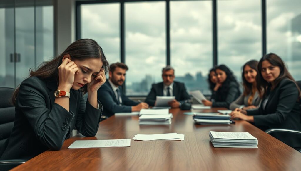 A professional office environment, showing a diverse group of individuals in business attire, seated at a conference table, looking fatigued yet engaged in discussion. In the foreground, a young woman leans forward, rubbing her temples, conveying the stress of working while unwell. The middle ground features colleagues, some with stacks of papers, showing both collaboration and strain. In the background, a large window reveals a gloomy, overcast sky, symbolizing the heavy atmosphere. Soft, diffused lighting casts gentle shadows, enhancing the mood of fatigue and seriousness. The shot is richly detailed, captured on a Sony A7R IV with a 70mm lens, clearly focused, and sharply defined, using a polarized filter to bring out the details in the environment. A professional office environment, showing a diverse group of individuals in business attire, seated at a conference table, looking fatigued yet engaged in discussion. In the foreground, a young woman leans forward, rubbing her temples, conveying the stress of working while unwell. The middle ground features colleagues, some with stacks of papers, showing both collaboration and strain. In the background, a large window reveals a gloomy, overcast sky, symbolizing the heavy atmosphere. Soft, diffused lighting casts gentle shadows, enhancing the mood of fatigue and seriousness. The shot is richly detailed, captured on a Sony A7R IV with a 70mm lens, clearly focused, and sharply defined, using a polarized filter to bring out the details in the environment.