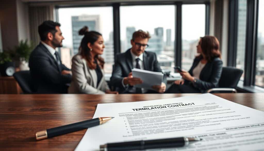 A professional office environment with a focus on individualized termination notice periods in employment contracts. In the foreground, a neatly arranged desk features a close-up of a contract document with a pen resting beside it. The middle ground showcases a diverse group of professionals in business attire engaging in discussion, with one individual pointing to specific terms on the contract. In the background, a large window reveals a cityscape, casting soft natural light into the room. The atmosphere is serious yet collaborative, emphasizing the importance of understanding legal nuances in employment law. The image is shot with a Sony A7R IV at 70mm, ensuring sharp focus and definition, enhanced by a polarized filter to reduce glare and enhance colors.