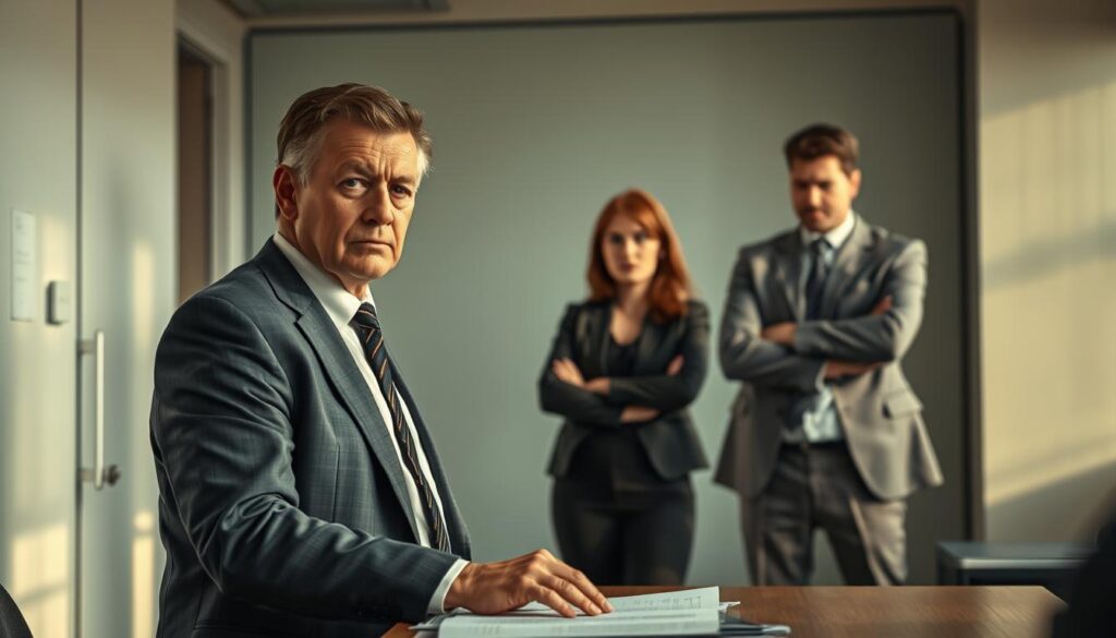 A professional office environment with a tense atmosphere depicting a group of three individuals engaged in a serious discussion. In the foreground, a mid-aged man in a tailored suit looks concerned, his hand resting on a desk, emphasizing his hesitation to intervene. In the middle background, a young woman in smart casual clothing watches intently, her expression revealing urgency and doubt. The third person, wearing business attire, stands with arms crossed, conveying defensiveness. The lighting is soft yet dramatic, casting subtle shadows that enhance the mood of conflict and dilemma. Shot with a Sony A7R IV at 70mm, the image is clearly focused and sharply defined, with a polarized filter enhancing the contrasts in the office space, reinforcing the theme of "Risiken des Einschreitens."