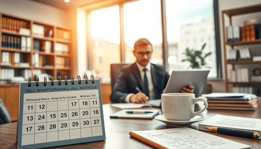 A professional office scene depicting a businessperson in formal attire seated at a desk, reviewing paperwork on a laptop. In the foreground, a calendar displaying specific dates marked clearly, symbolizing deadlines for withdrawal notices. The middle ground features a cup of coffee and a notepad with handwritten notes, suggesting planning and urgency. The background shows a modern office environment with shelves filled with books on legal and business practices, and large windows letting in natural light, creating a calm yet focused atmosphere. The lighting is bright and inviting, with soft shadows enhancing the texture of the workspace. Shot with a Sony A7R IV at 70mm, ensuring a sharply defined image with a polarized filter effect that enriches colors and contrasts.