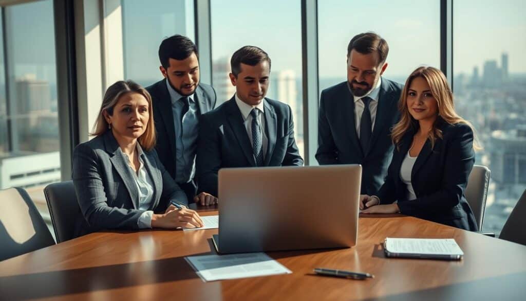 A professional office scene illustrating the process of retracting a resignation. In the foreground, a diverse group of three individuals—two men and one woman—are engaged in a discussion around a conference table, dressed in business attire, displaying expressions of focus and collaboration. The middle ground features a laptop with visible documents and a pen, emphasizing the steps of drafting a resignation retraction letter. In the background, a large window offers a view of a bustling cityscape, suggesting a vibrant work environment. The lighting is bright and natural, illuminating the workspace while casting soft shadows. The image is captured with a Sony A7R IV at 70mm, ensuring clear focus and sharp details with a polarized filter to enhance color vibrancy, creating an atmosphere of professionalism and urgency.