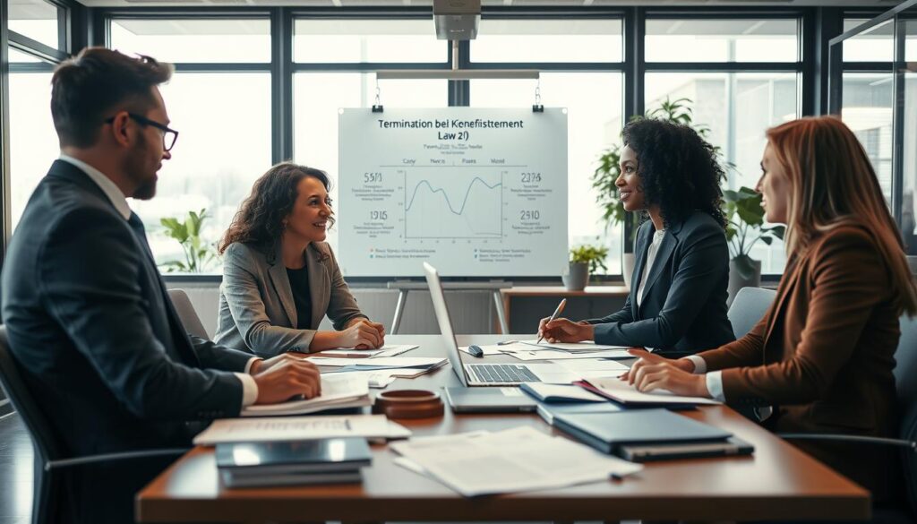 A professional office setting depicting "Sonderfälle bei Kündigungsfristen" in employment law. In the foreground, a diverse group of three well-dressed professionals, focused on a discussion around a conference table cluttered with documents and a laptop, highlighting key aspects of termination notice cases. In the middle, a transparent whiteboard displaying charts and legal terms, emphasizing the complexity of notice periods. The background features modern office decor, large windows allowing soft natural light to pour in, creating a conducive atmosphere for serious conversation. Shot on a Sony A7R IV at 70mm, the image is sharply defined with a polarized filter, enhancing colors and contrasts, conveying professionalism and focus in a legal context.