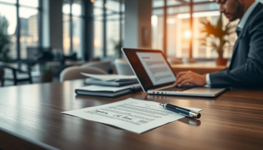 A professional office setting depicting a digitally signed document on a sleek wooden desk in the foreground. In the middle ground, a modern laptop displays an open application with digital signature options, surrounded by legal files and a stylish pen. The background showcases a blurred corporate environment with large windows allowing soft natural light to filter in, creating a warm, inviting atmosphere. The image captures a business professional in business attire, using the laptop with focused intent, highlighting the significance of digital signatures and legal recognition. The composition is photographed with a Sony A7R IV at 70mm, ensuring sharp details and vibrant colors, utilizing a polarized filter for clarity and contrast. A professional office setting depicting a digitally signed document on a sleek wooden desk in the foreground. In the middle ground, a modern laptop displays an open application with digital signature options, surrounded by legal files and a stylish pen. The background showcases a blurred corporate environment with large windows allowing soft natural light to filter in, creating a warm, inviting atmosphere. The image captures a business professional in business attire, using the laptop with focused intent, highlighting the significance of digital signatures and legal recognition. The composition is photographed with a Sony A7R IV at 70mm, ensuring sharp details and vibrant colors, utilizing a polarized filter for clarity and contrast.