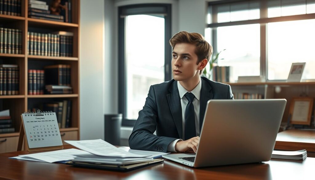 A professional office setting depicting a young adult, wearing smart business attire, sitting at a desk with a laptop open. The subject looks contemplative, surrounded by paperwork and a calendar showing the month. In the background, there are shelves filled with books about employment law and financial advice. Soft natural light streams in through a nearby window, illuminating the scene and creating a calm, focused atmosphere. The image is shot with a Sony A7R IV at 70mm, with a polarizing filter ensuring clear focus and sharp details, highlighting the seriousness of the topic without distractions. The overall mood conveys the importance of understanding options to avoid waiting periods for unemployment benefits.