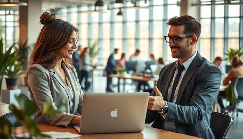 A professional office setting depicting successful job sharing models. In the foreground, two colleagues, a woman and a man in professional business attire, are collaborating over a shared laptop, engaging in a productive discussion. In the middle ground, a modern workspace with flexible desks and diverse employees working together, showcasing teamwork and innovation. The background illustrates a bright, spacious office with plants and large windows allowing natural light to flood the space, creating an inviting atmosphere. The scene is shot on a Sony A7R IV at 70mm, clearly focused and sharply defined, with a polarized filter enhancing the colors and details. The overall mood is dynamic and professional, reflecting collaboration and modern work culture. A professional office setting depicting successful job sharing models. In the foreground, two colleagues, a woman and a man in professional business attire, are collaborating over a shared laptop, engaging in a productive discussion. In the middle ground, a modern workspace with flexible desks and diverse employees working together, showcasing teamwork and innovation. The background illustrates a bright, spacious office with plants and large windows allowing natural light to flood the space, creating an inviting atmosphere. The scene is shot on a Sony A7R IV at 70mm, clearly focused and sharply defined, with a polarized filter enhancing the colors and details. The overall mood is dynamic and professional, reflecting collaboration and modern work culture.