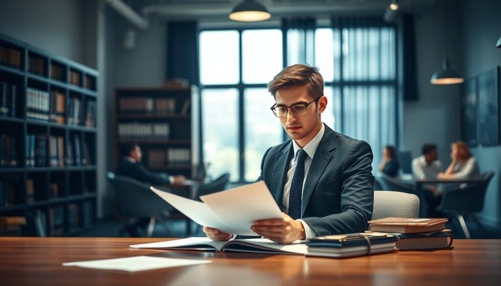 A professional office setting depicting the concept of "partielle Geschäftsfähigkeit." In the foreground, a young adult in formal business attire is seated at a desk, reviewing legal documents with a thoughtful expression. In the middle, a large window allows natural light to flood the room, illuminating a bookshelf filled with law books and reference materials. In the background, a blurred view of an office meeting room with professionals engaged in discussion accentuates the theme of collaboration and decision-making. The composition is shot with a Sony A7R IV at 70mm, ensuring clear focus on the subject while the surrounding environment softly fades. The atmosphere is serious yet hopeful, emphasizing the importance of understanding legal capabilities in a professional context. A professional office setting depicting the concept of "partielle Geschäftsfähigkeit." In the foreground, a young adult in formal business attire is seated at a desk, reviewing legal documents with a thoughtful expression. In the middle, a large window allows natural light to flood the room, illuminating a bookshelf filled with law books and reference materials. In the background, a blurred view of an office meeting room with professionals engaged in discussion accentuates the theme of collaboration and decision-making. The composition is shot with a Sony A7R IV at 70mm, ensuring clear focus on the subject while the surrounding environment softly fades. The atmosphere is serious yet hopeful, emphasizing the importance of understanding legal capabilities in a professional context.