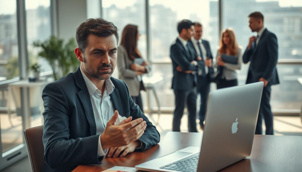 A professional office setting depicting the social and professional consequences of going to work while sick. In the foreground, a concerned employee in business attire is seated at a desk with a laptop, exhibiting signs of illness such as a tissue in hand and a weary expression. In the middle ground, a group of coworkers, also in business attire, are engaged in conversation, appearing uneasy and distracted by the sick employee's presence. The background features a bright, modern office with large windows allowing natural light to flood the space, accentuated by soft shadows. The atmosphere is tense and uncertain, suggesting the impact of illness on workplace dynamics. Captured with a Sony A7R IV at 70mm, showcasing sharp focus and clarity using a polarized filter. A professional office setting depicting the social and professional consequences of going to work while sick. In the foreground, a concerned employee in business attire is seated at a desk with a laptop, exhibiting signs of illness such as a tissue in hand and a weary expression. In the middle ground, a group of coworkers, also in business attire, are engaged in conversation, appearing uneasy and distracted by the sick employee's presence. The background features a bright, modern office with large windows allowing natural light to flood the space, accentuated by soft shadows. The atmosphere is tense and uncertain, suggesting the impact of illness on workplace dynamics. Captured with a Sony A7R IV at 70mm, showcasing sharp focus and clarity using a polarized filter.