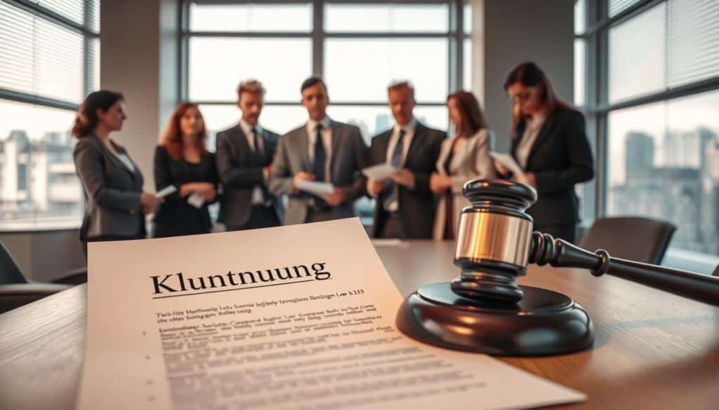 A professional office setting emphasizing legal themes regarding employment termination. In the foreground, a close-up of a document labeled "Kündigung" with a gavel beside it, symbolizing legal challenges. In the middle, a diverse group of business professionals (in professional attire) are engaged in a discussion, some looking concerned, others taking notes, reflecting the complexity of resignation laws. In the background, a large window shows a cityscape, hinting at an urban environment, with soft natural light streaming in. The atmosphere is serious and contemplative, with shadows cast by the window blinds adding depth. Shot on a Sony A7R IV at 70mm, clearly focused, sharply defined with a polarized filter to enhance color vibrancy and contrast. A professional office setting emphasizing legal themes regarding employment termination. In the foreground, a close-up of a document labeled "Kündigung" with a gavel beside it, symbolizing legal challenges. In the middle, a diverse group of business professionals (in professional attire) are engaged in a discussion, some looking concerned, others taking notes, reflecting the complexity of resignation laws. In the background, a large window shows a cityscape, hinting at an urban environment, with soft natural light streaming in. The atmosphere is serious and contemplative, with shadows cast by the window blinds adding depth. Shot on a Sony A7R IV at 70mm, clearly focused, sharply defined with a polarized filter to enhance color vibrancy and contrast.