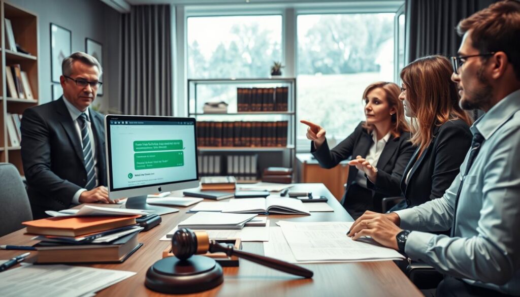 A professional office setting featuring a desk cluttered with legal documents, a computer displaying a court case file, and a smartphone showing a chat window, symbolizing the topic of "Kündigung per WhatsApp." In the foreground, a diverse group of three business professionals—two men and one woman—dressed in professional attire, are engaged in a heated discussion, pointing at the screen. The middle of the scene includes a soft-focus shelf lined with legal books and a gavel for added context, while the background shows a large window with natural light pouring in, creating a bright atmosphere. Shot on a Sony A7R IV with a 70mm lens, ensuring clear focus and sharp definitions, enhanced by a polarized filter to reduce glare and maintain color vibrancy. A professional office setting featuring a desk cluttered with legal documents, a computer displaying a court case file, and a smartphone showing a chat window, symbolizing the topic of "Kündigung per WhatsApp." In the foreground, a diverse group of three business professionals—two men and one woman—dressed in professional attire, are engaged in a heated discussion, pointing at the screen. The middle of the scene includes a soft-focus shelf lined with legal books and a gavel for added context, while the background shows a large window with natural light pouring in, creating a bright atmosphere. Shot on a Sony A7R IV with a 70mm lens, ensuring clear focus and sharp definitions, enhanced by a polarized filter to reduce glare and maintain color vibrancy.