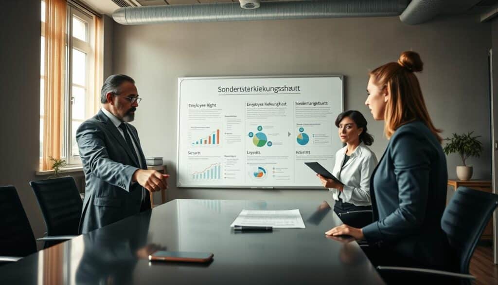 A professional office setting featuring a diverse group of four individuals engaged in a serious discussion. In the foreground, a middle-aged man in a tailored suit is pointing at a document on a sleek conference table, while a young woman in a smart blouse is taking notes. The middle ground showcases a large whiteboard filled with charts and graphs about employee rights and job security, highlighting the concept of "Sonderkündigungsschutz." In the background, a window allows natural light to flood in, illuminating the room and creating a warm, focused atmosphere. Shot on a Sony A7R IV at 70mm, with a polarized filter, ensuring clear focus and sharply defined details.